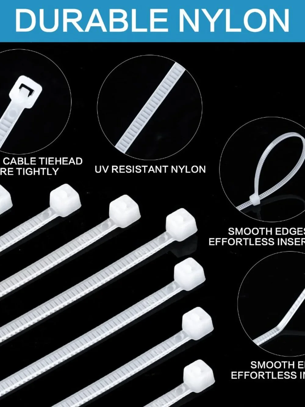 1000 Pcs White Zip Ties, 6 Inch Clear Self-Locking Nylon Cable Ties, Premium Hea